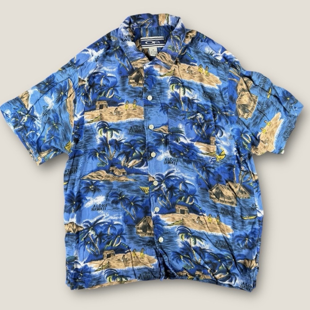 Vintage Ocean Pacific OP Aloha Hawaii Shirt Rayon Blue Surf Scene Men's Medium